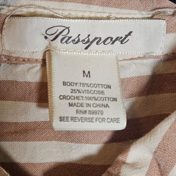 Striped Button-Up Shirt  Womans Crochet Back Panel Beige White Size Med Boho - Picture 11 of 13